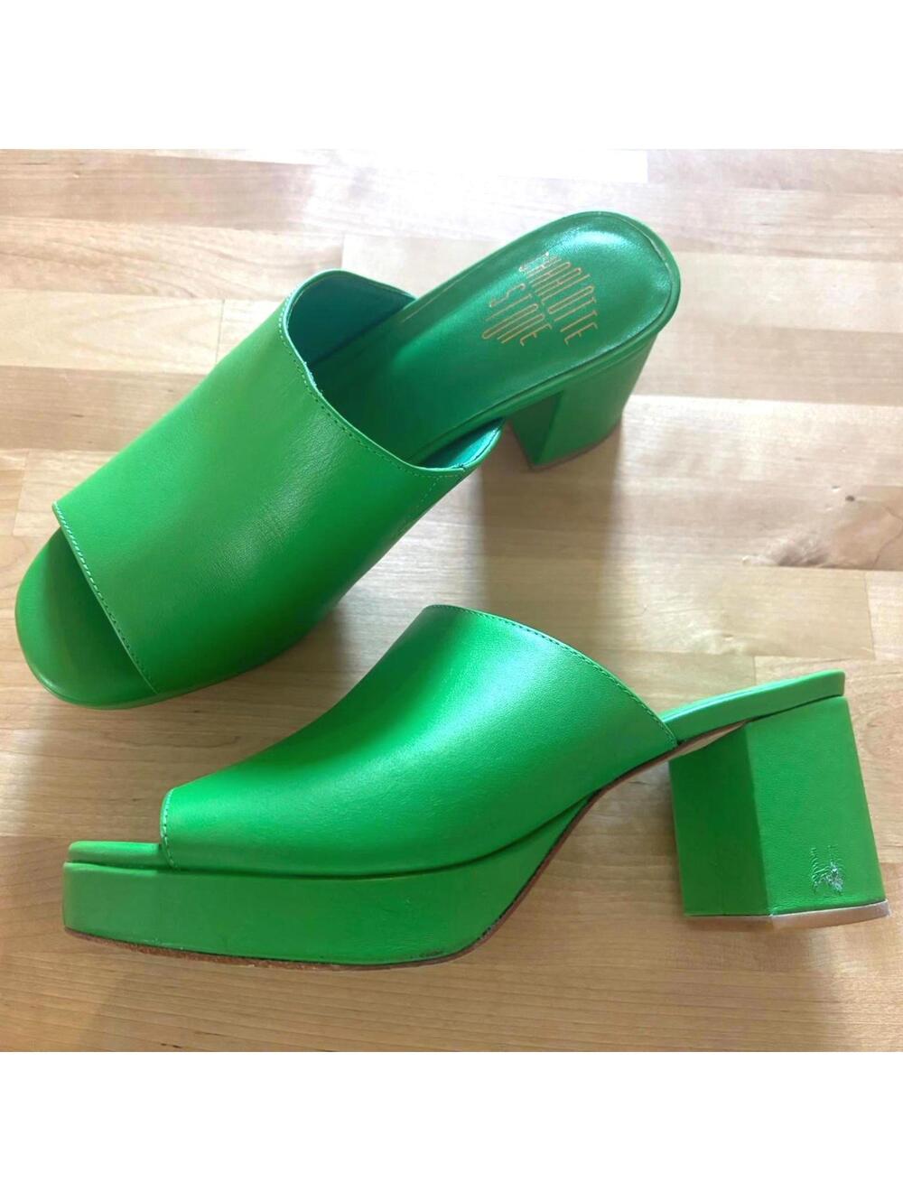 Charlotte Stone Green Leather Open-Toe Block Heel Mules